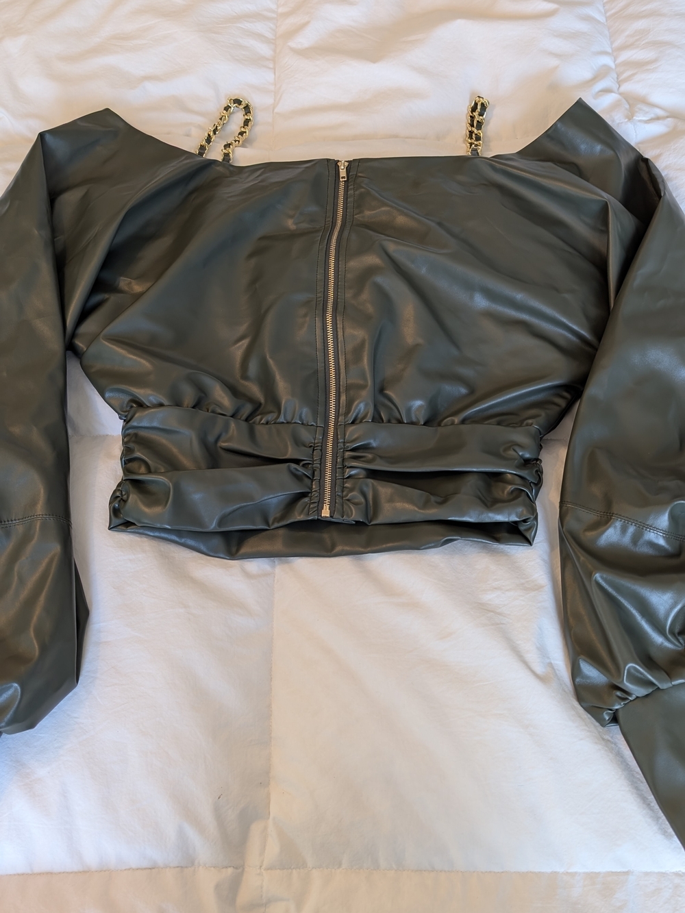 Off-Shoulder Olive Green Faux Leather Crop Jacket with Gold Chain Straps